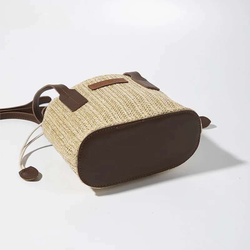 Meet You Summer Woman Straw Braided Bucket Casual Drawstring Handbag Weekend Vacation Beach Bag Small Tote Purses Crossbody