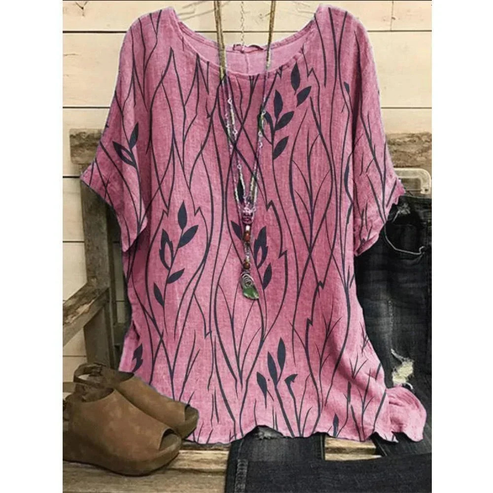 Plus Size 1XL-8XL Top Shirts Women Casual Loose Leaves Print Blouse T-shirt Ladies Fashion Vintage Blouse Unique Half Sleeves 250605