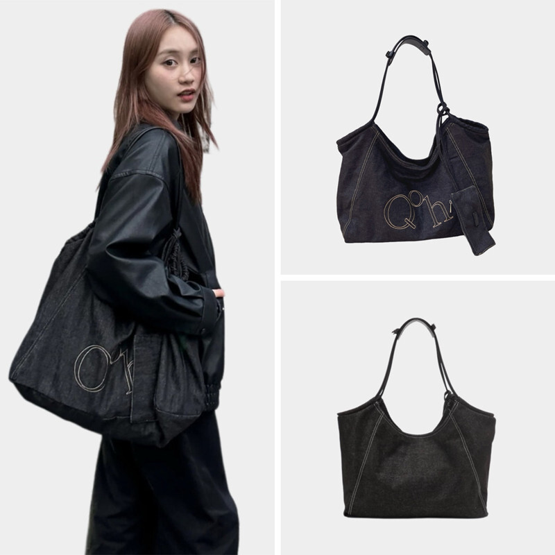 Korean Style Denim Tote for Women 2025 New Large Capacity Letter Shoulder Commuter Underarm Mommy Bag