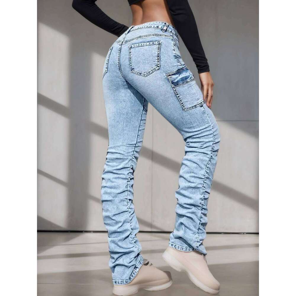 2025 New Women's High Waisted Elastic Multi Pocket Workwear Jeans, Street Fashion Casual Slim Fit Stacking Pants, Comfortable Fi
