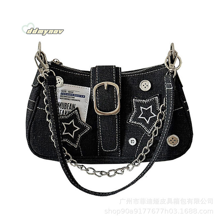 Y2K Millennial Underarm Women Button Denim Canvas Hot Girl Star Handbag Chain Bag ddmynov