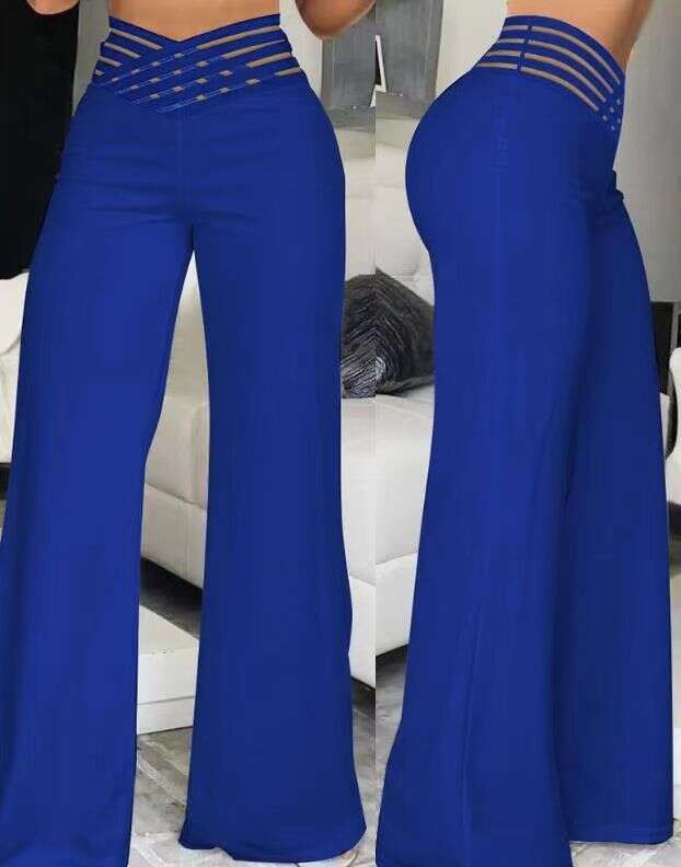 Women's Hollow Out Belted Long Elegant Commuter Flared High Waist Casual Wide Leg Pants B5