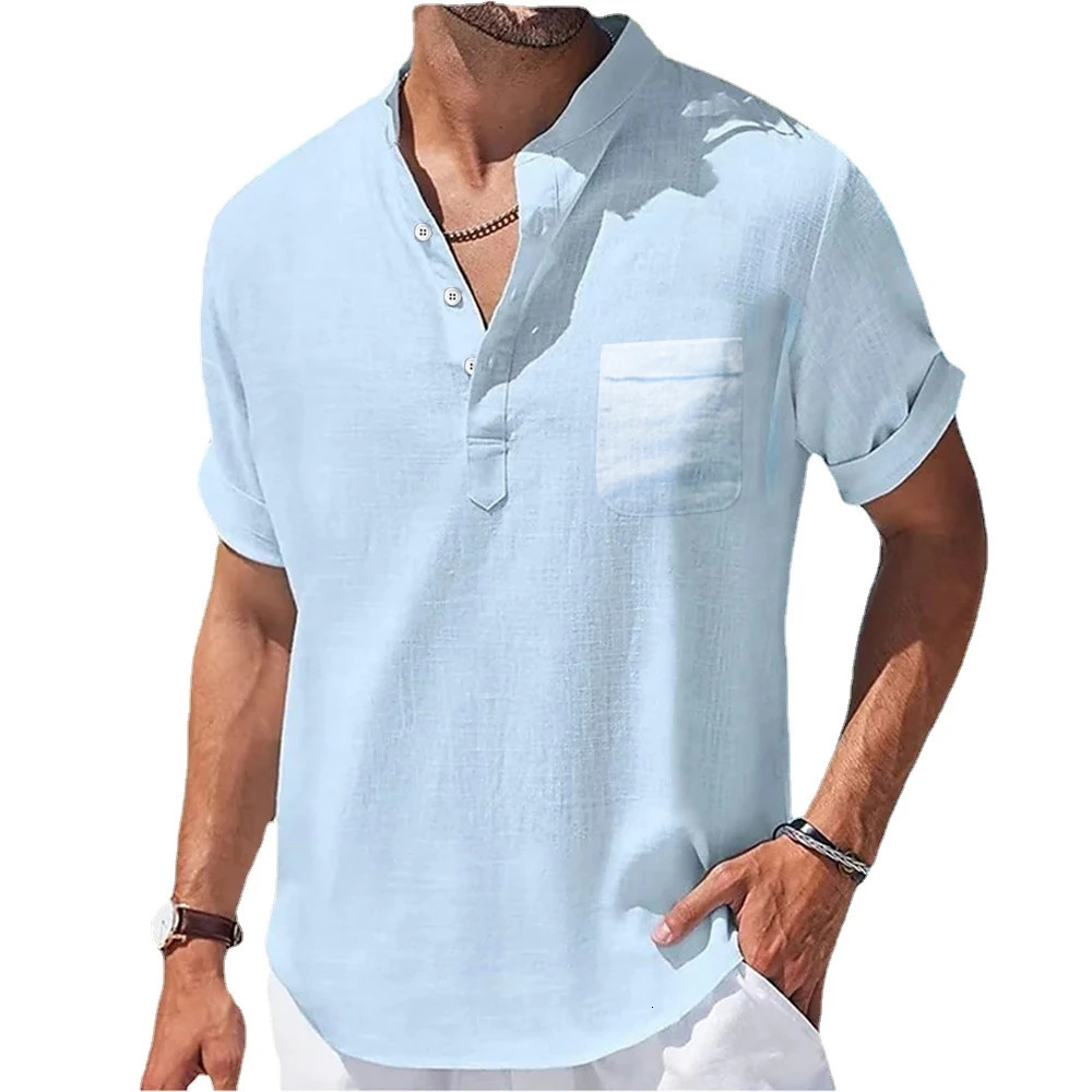 Mens Casual Stand Up Collar Summer Solid Color Short Sleeve Linen Shirt Trendy Breathable Loose Youth Basic Pocket Top 250605
