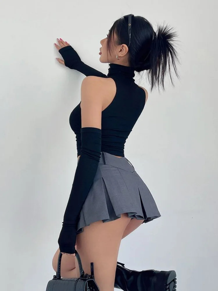 Spring Summer Top Sexy Tank Spicy Girl Sleeves High Neck Pleated Club Crop Women tshirt Skinny Streetwear Y2k Clothing 250527