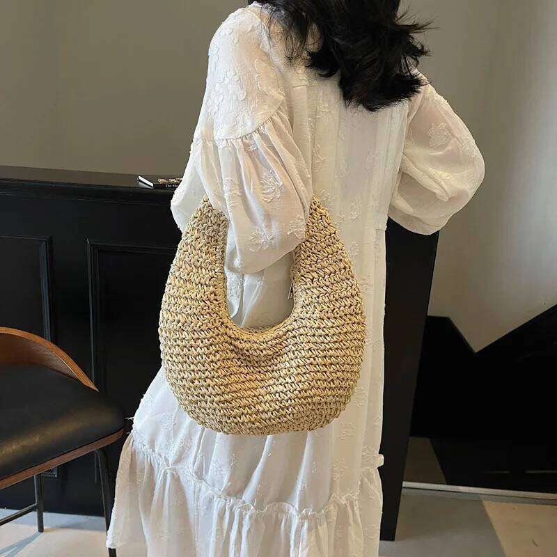 LEFTSIDE Simple Straw For Women 2025 Summer Ladies New Weave Shoulder Bag Females Beach Bags Lady Handbags And Purses