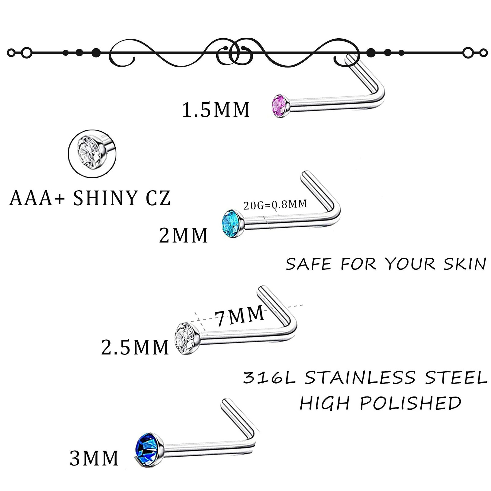 Drperfect 60pcs Stainless Steel Nose Studs Rings Piercing Pin Nostril Body Jewelry for Woman Men 20G-22G 1.5mm 2mm 2.5mm 250605