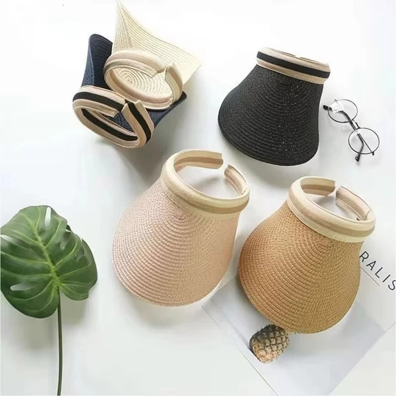 2025 Summer Empty Top Sun Hat Anti Uv Female Outdoor Visor Cap Casual Shade Hat Straw Wide Large Brim Beach Sunhat Lady 250603