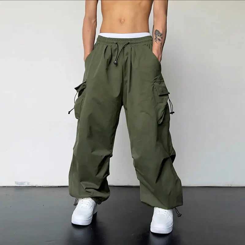 American Style Casual Pants Cargo Trousers High Street Drawstring Workwear Trendy Loose Versatile Straight Wide-Leg Casual Pants Z250605