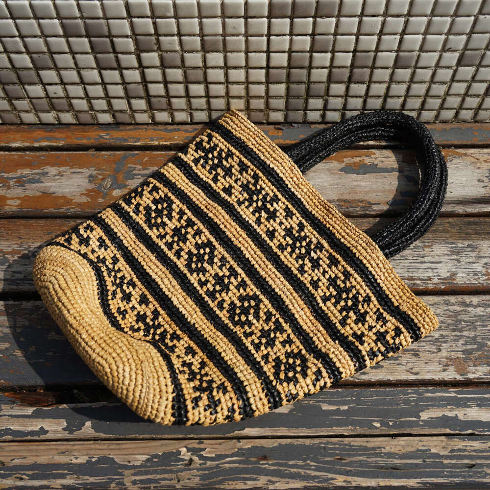 French Style Black Patchwork Handbag Vacation Beach Handmade Raffia Woven Bag for Women Summer Travel