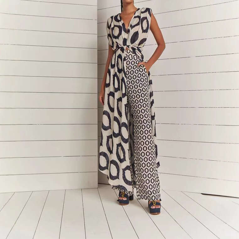 Women's Elegant Floral Print Sleeveless V-Neck Tie Top + Slim Fit Long Pants Set B5