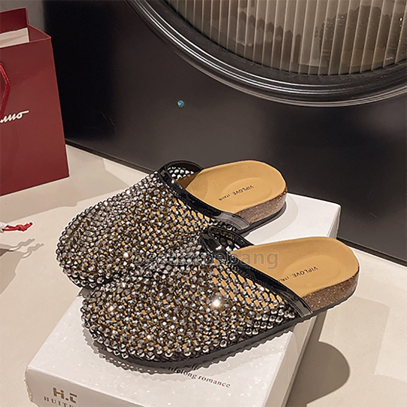 designer sandals rhinestone fishing net slippers flats heels sandale glitter crystal slipper luxury summer clogs soft-soled non-slip platform sandals 