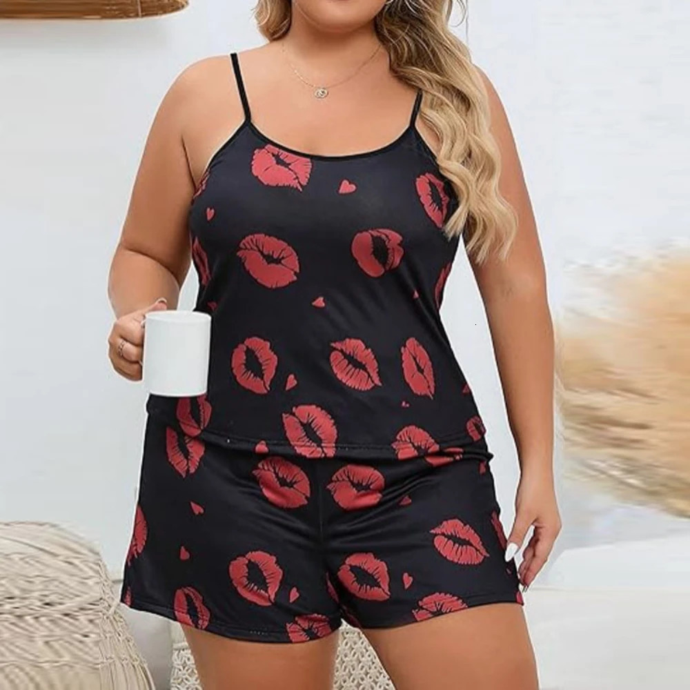 Cherry Print Plus Size Womens Pajamas Set Sleeveless Top Shorts Summer Nightwear Lounger Homewear 2 Pieces Female Sleepwear 250530