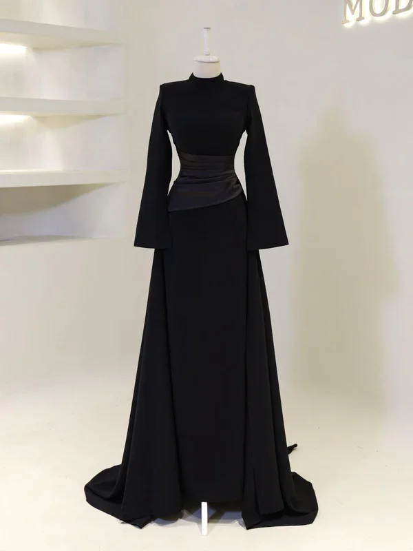 Modest Crepe Long Evening Dresses Muslim High Collar Satin Pleats Sheath Prom Dresses Full Sleeves Formal Prom Gowns Customized