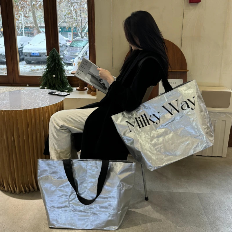 Silver Colour Woven Shopping Bag Large Size Shoulder Bag Reusable Waterproof Portable Handbag For Travel Grocery Clothes 250530