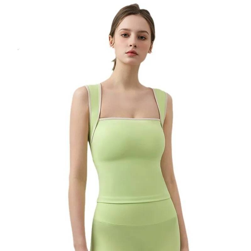 Yoga Shockproof Gym Workout Running Tank Quick-Dry Fiess Vests With Fixed Chest Pads Clashing Color Slim Fit Tops