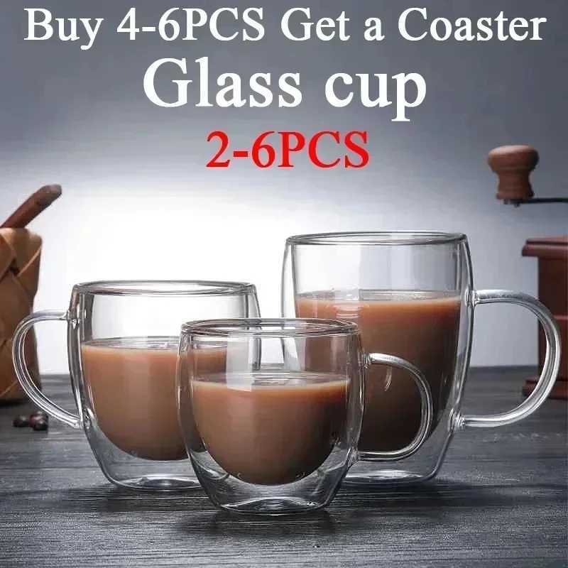 2-6pcs Double-layer Wall Transparent Cup Coffee Milk Drink Mug High Borosilicate Glass Drinkware Heat Resistant Household OfficeC250606