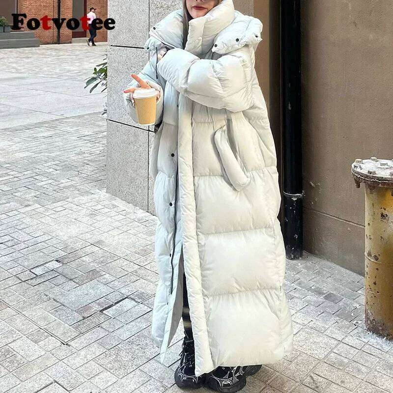 FOTVOTEE Chic Oversized Cotton Parkas Women Solid Thicken Warm Single Breasted Long Coat 2024 Winter New Fashion Lady Streetwear