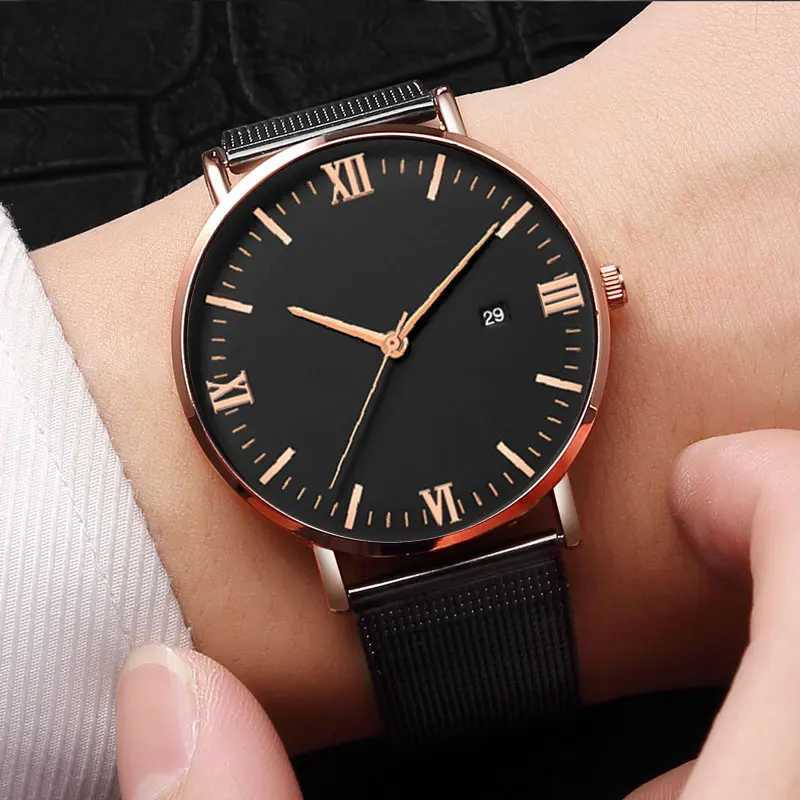 Fashionable business mens watch ultra-thin mesh belt Roman pattern trendy simple mens and womens quartz watch Y250605