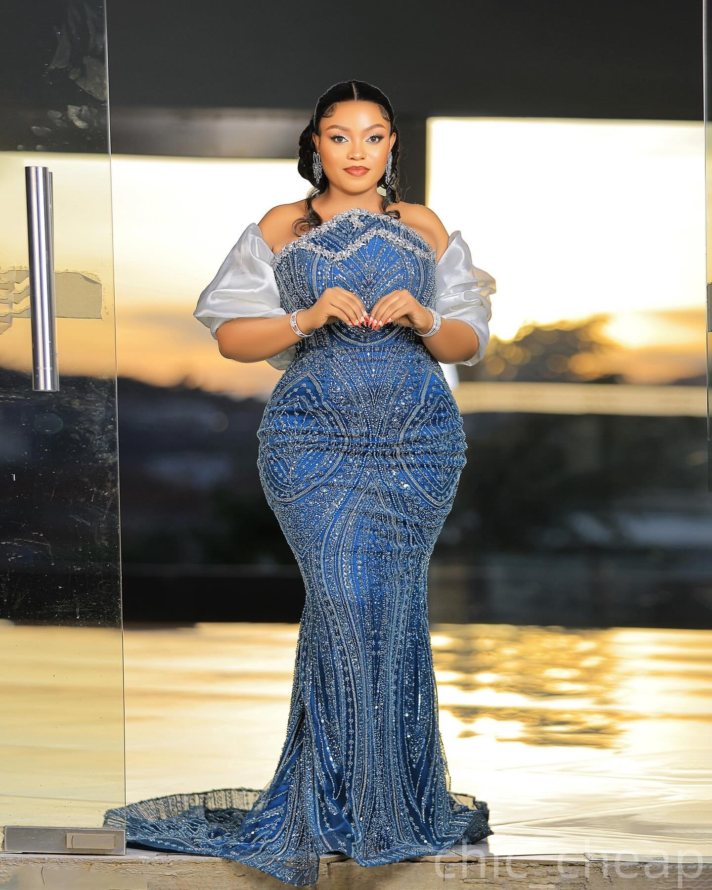 Mermaid Navy Blue Prom Dresses 2025 Crystals Sequined Strapless Evening Formal Party Second Birthday Engagement Gowns Plus Size Dress For Special Occa