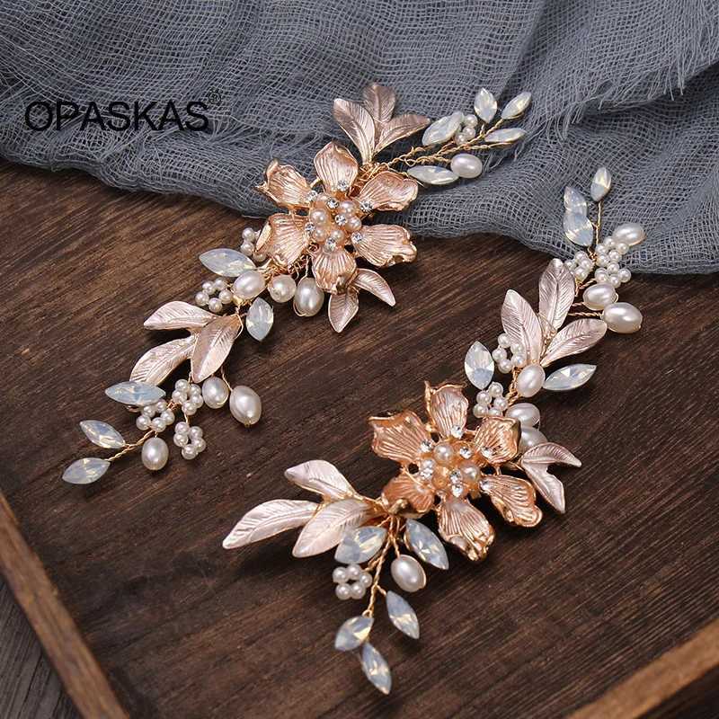 1 Pair Golden Hair Clips Wedding Accessories For Women Rhinestone Pearl Flower Hairpins Beaded Fairy Alloy Handmade Hair Jewelry Z250605