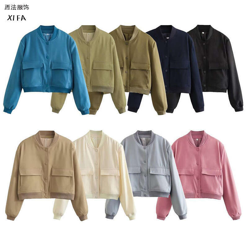 New Women's Fashion French Style Large Pocket Short Autumn Bomber Jacket Coat B5