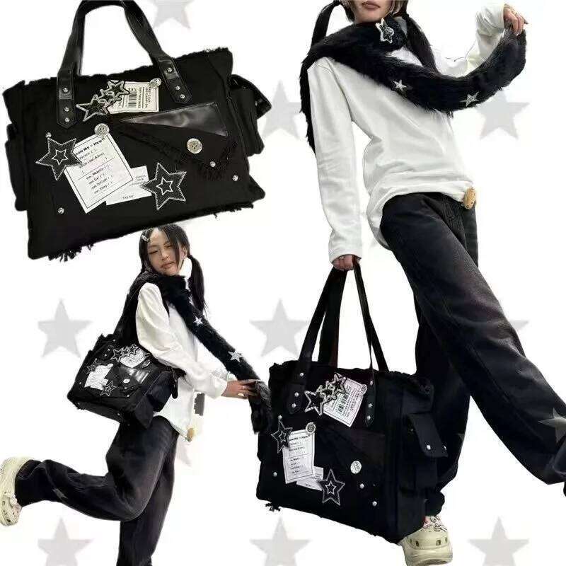 Xiuya Y2k Black Womens Tote Canvas Gothic Fashion Vintage Patchwork Shoulder Bag Large Capacity Original Female New Handbag