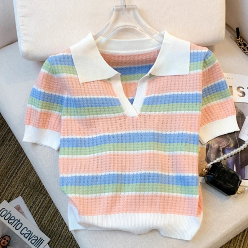 2025 Summer Rainbow Striped TurnDown Collar Lady Thin Sweater Short Sleeve Knitted Pullover Women Fashion Crop Tops Mujer 250530