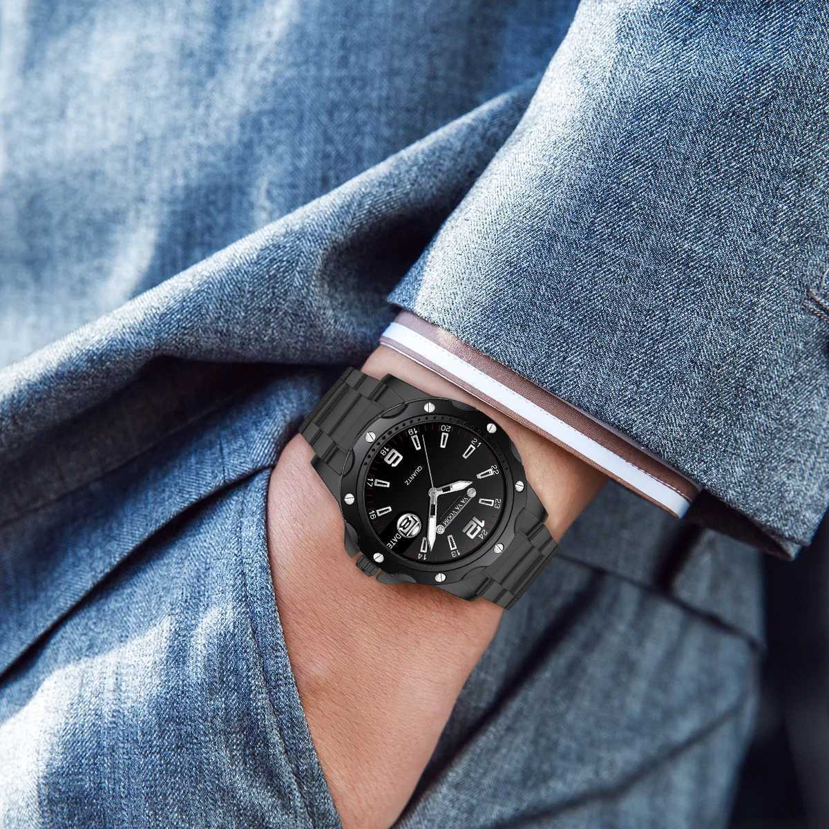 2024 New Mens Stainless Steel Watch Fashionable Black Large Dial Diver Series Calendar Business Style Leisure Quartz Gift Watch Y250605