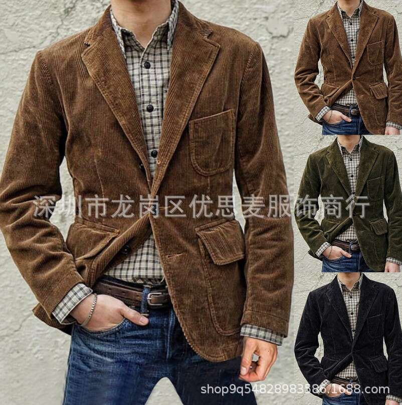Spring And Autumn New Corduroy Suit Casual Notched Lapel Jacket Men's Solid Color Blazer B5