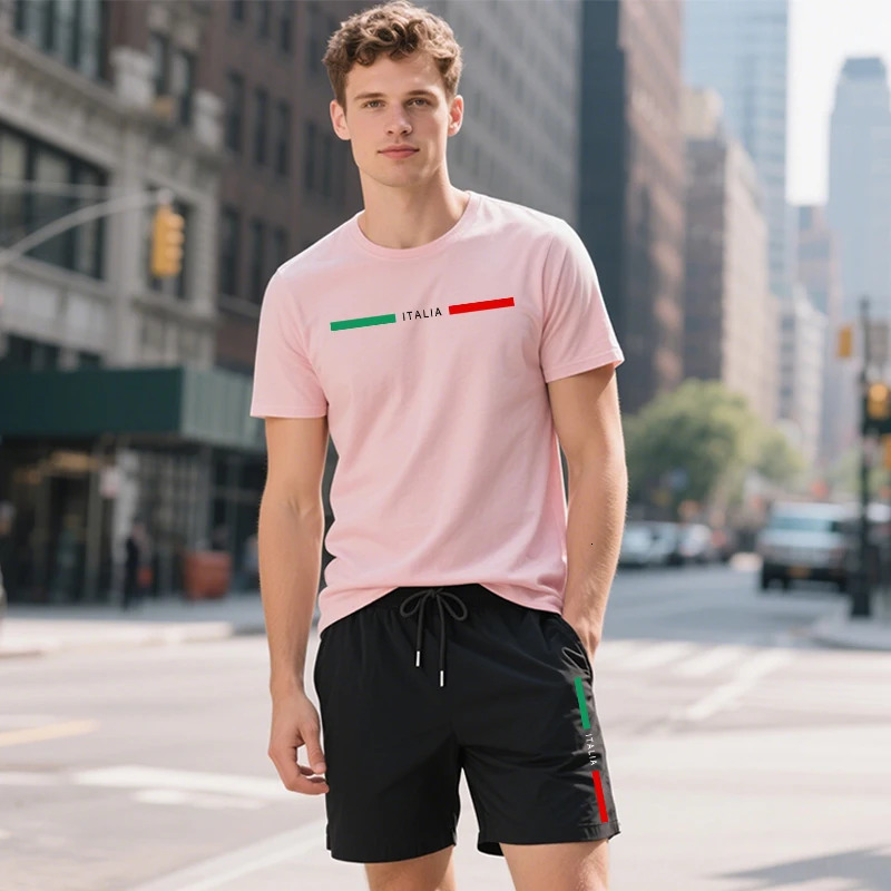 Mens Italy Printed Tracksuit T-shirts shorts 2pcs Set Summer Daily Casual Sports Jogger Suit Urban Fashion Cool Shorts Outfits 250605