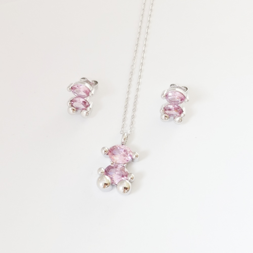 New Fashion Women Men Gold Stainless Steel Bear Cartoon Span Black Pink Purple Green Blue Zircon Pendant Necklace Earrings Sets Jewelry