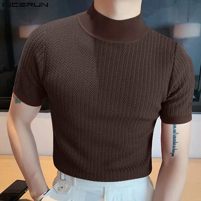 Summer Fashion Tight T-shirt Casual Streetwear Textured High-neck Solid Color Short-sleeved Bottoming Tees Korean Style Tops 250605
