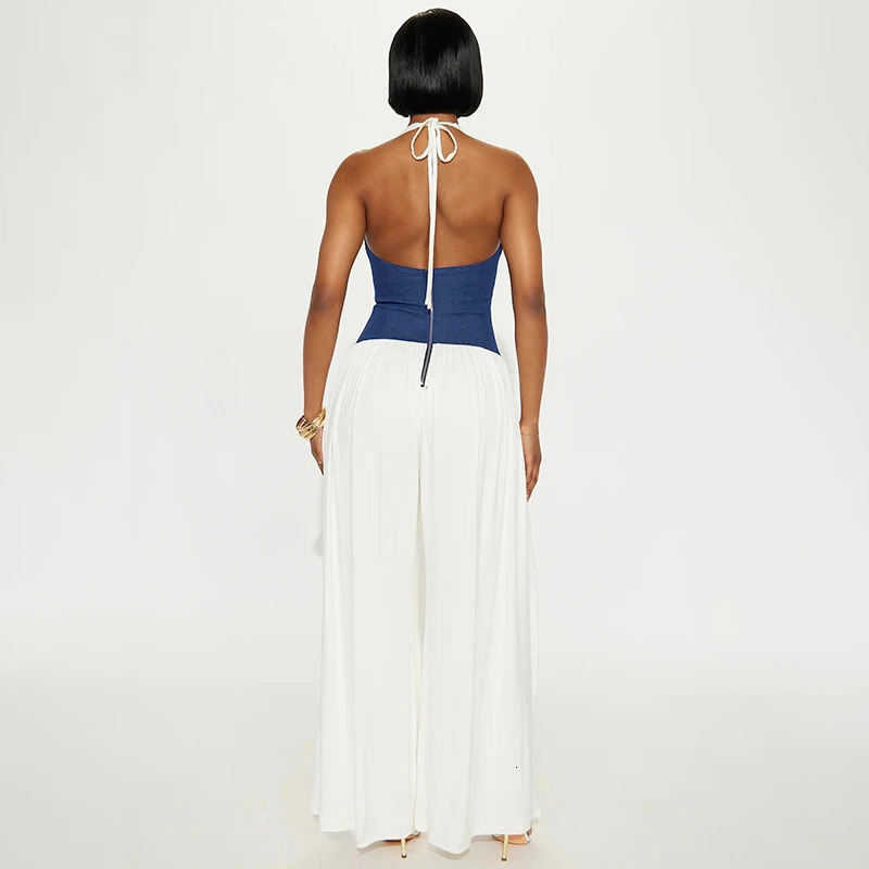 CUTENOVA WomenS Temperament Color Collision Hanging Neck Backless Drawstring Waist Zipper Patchwork Wide-Leg Jumpsuit Summer 250530