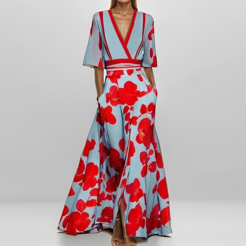 Basic Casual Dresses Women Floral Print Maxi Dress Casual Loose V Neck Long Sleeve Ankle-length Vestidos Spring Summer Elegant Holiday Shirt Robe 2305