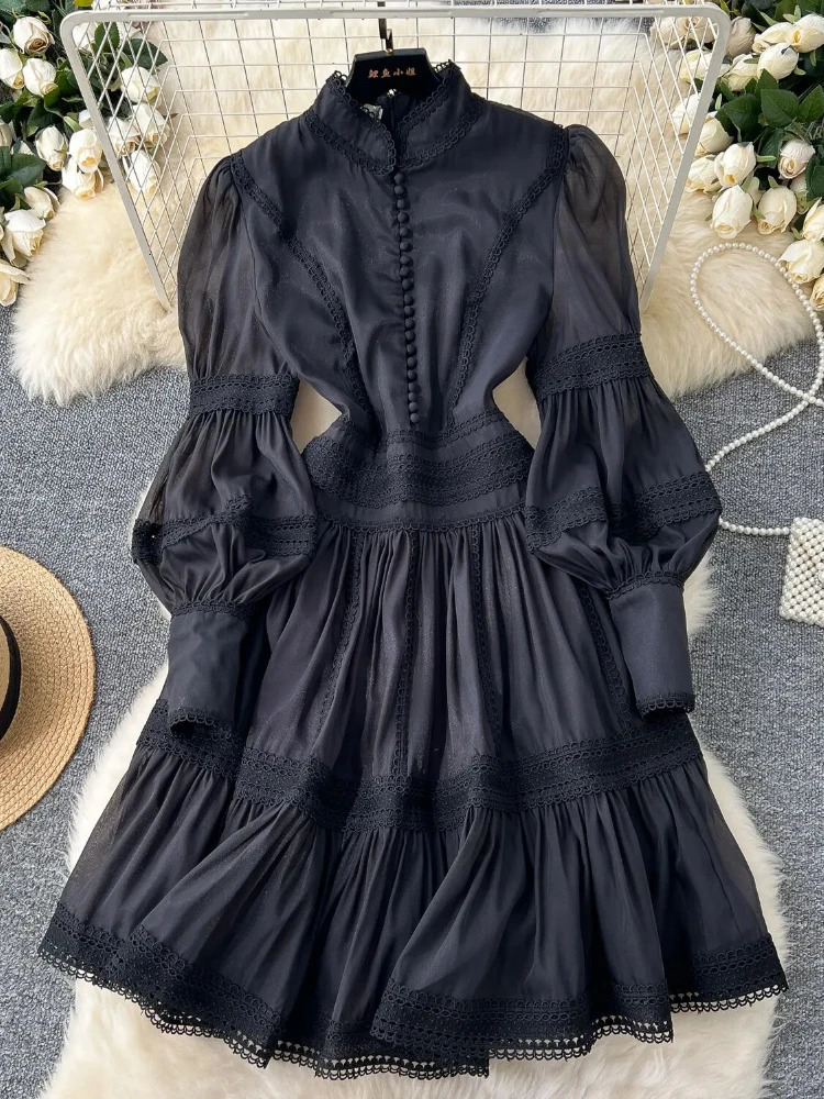 Short Dresses Shirt Women Spring Autumn Single Breasted Stand Collar Embroidered Crochet Formal Occasion Party Vestidos 250605