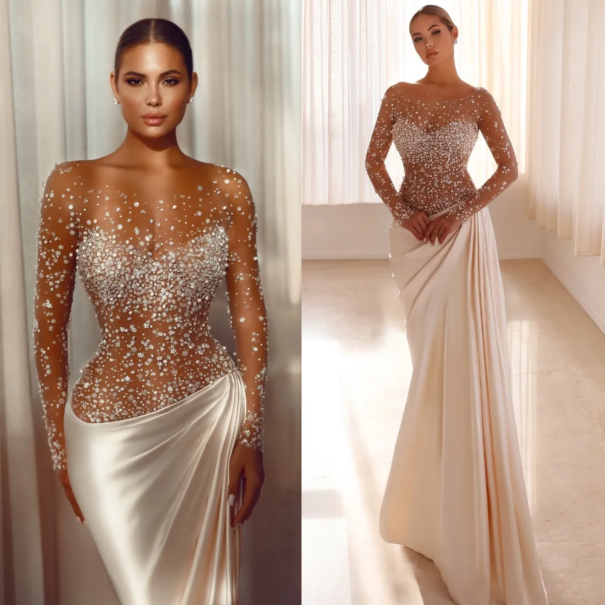 Stunning Illusion Beaded Wedding Dress Sparkly Sheer Scoop Mermaid Bridal Gown Fashion Long Sleeves Bride Dresses Customized