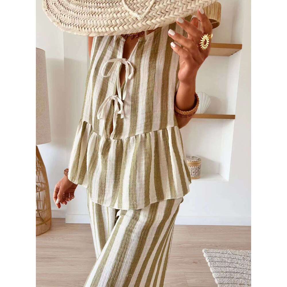 Temu Tie 2-Piece Set Striped Front Open Vest Top Wide-Leg Casual Pants Summer B5