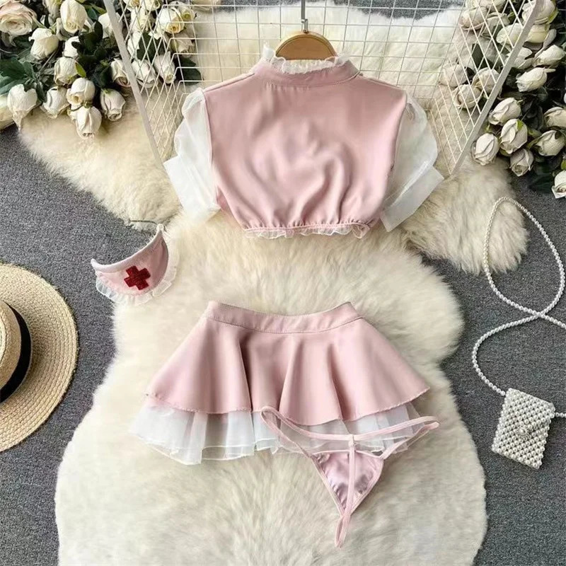 Pink Sexy Cosplay Nurse Uniform Ruffled Bubble Sleeve Crop Top sweet Girl Cute Two Layer Mini Skirt 2-piece Set Women Clothes 250603
