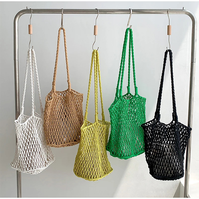 Fashion Woven Straw Bag Hollow Shoulder Bag Large Capacity Tote Handmade Bag Cotton Linen Net Bag Beach Holiday Bag 250605