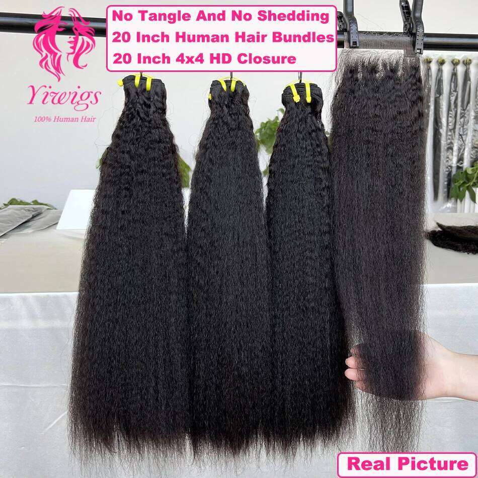 Yiwigs 12A Grade Double Drawn Kinky Straigt 100% Human Bundles With 4x4 Real HD Lace Closure Hair Weave Extensions Thick