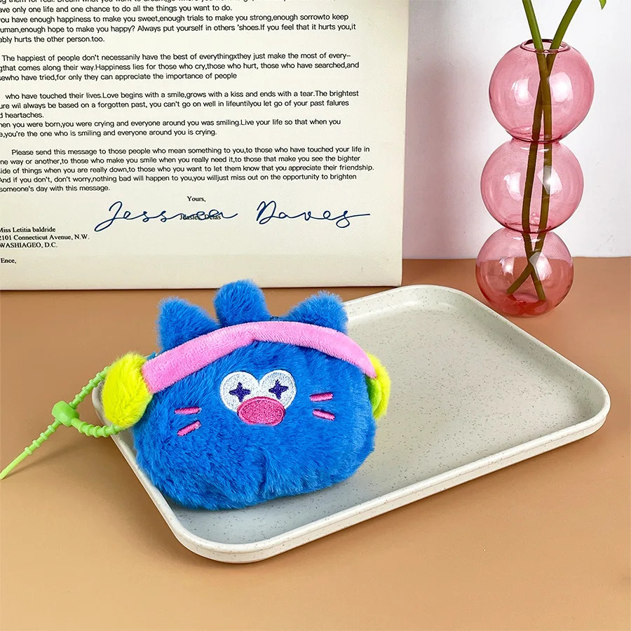 Cute Big Capacity Cat Plush Earphone Pouch Fluffy Coin Purse Keychain Bag Charm Backpack Accessories Adorable Gift for Girls Boys 250605