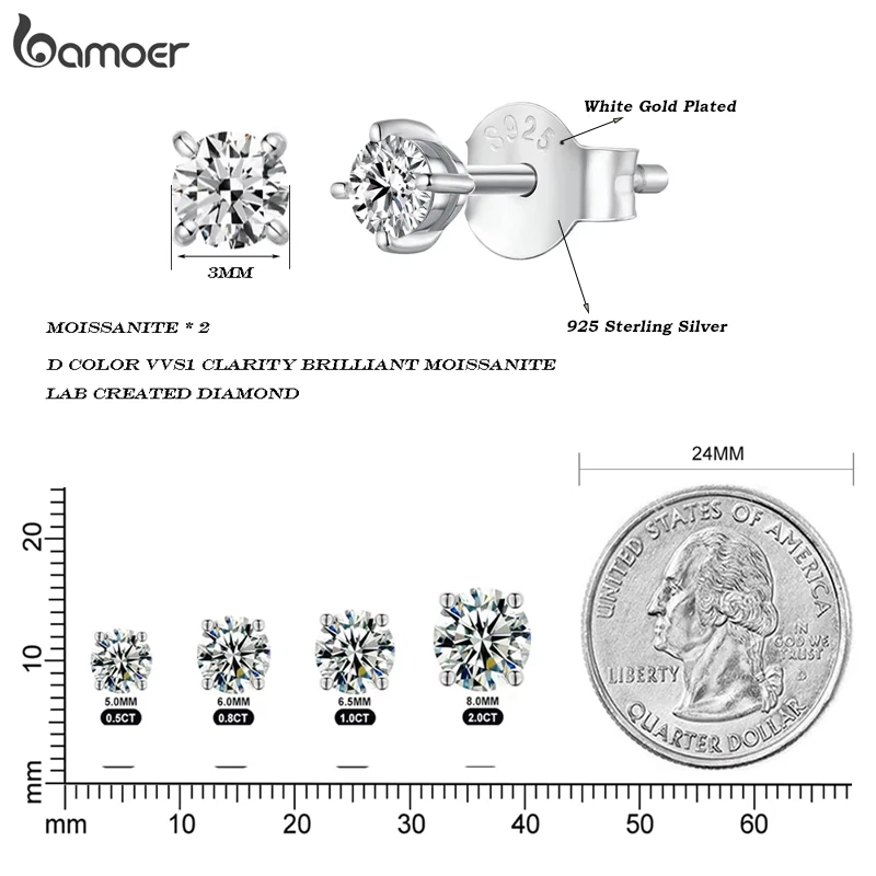 Bamoer Diamond 925 Sterling Silver Simple Round Moissanite Stud Earrings for Men Women Classic Engagement Certified Fine Jewelry Gift Romantic MSE038