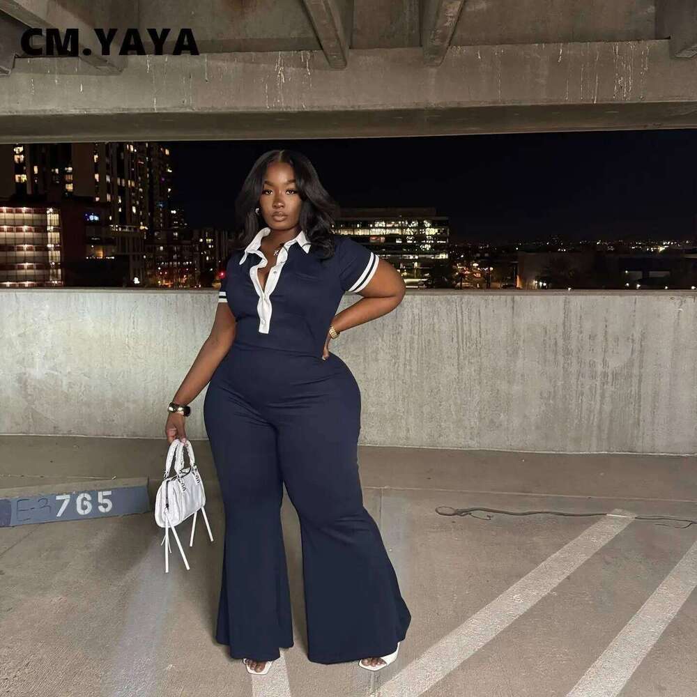 CM.YAYA Women Patchwork Elastic Short Sleeve Jumpsuit 2025 Fashion Summer African Chic Street Party Romper One Piece Set Outfits