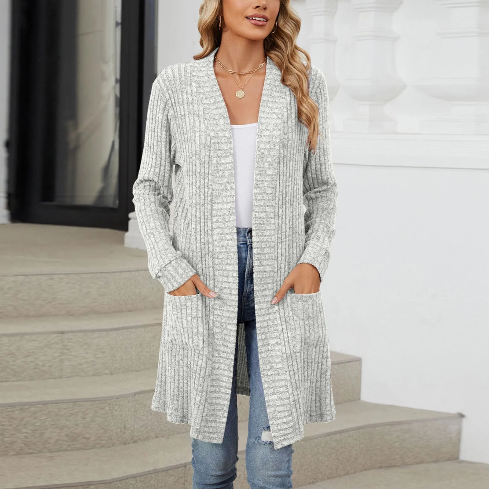 Women Thin Cardigan Autumn And Winter Long Sleeved Loose Pocket Jacket For Sweater Plus Size Outerwears 250530