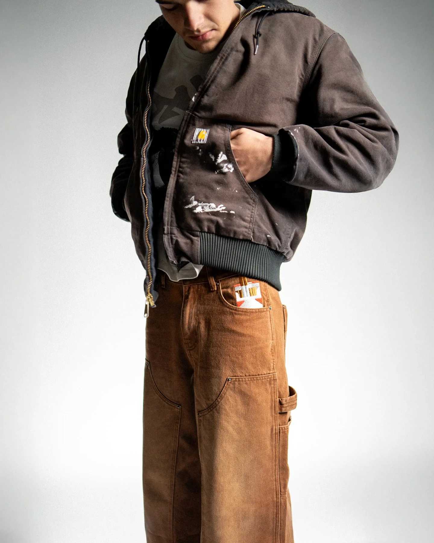 New Y2K Gothic Punk American Retro Punk Embroidered Jeans Mens Washed Old Brown Loose Straight Wide Legs Fashionable Jeans Z250605