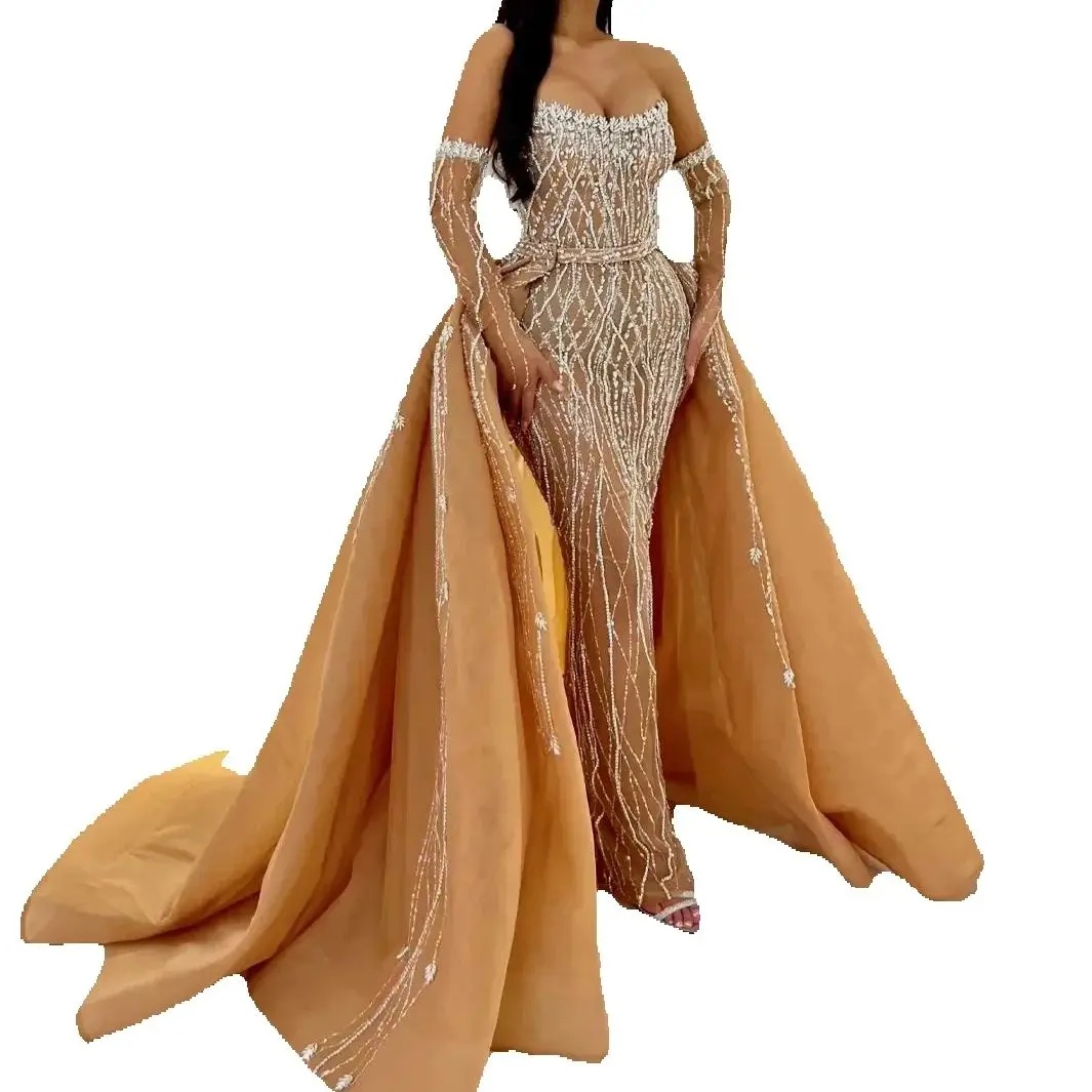 Elegant Strapless Lace Mermaid Evening Dresses Fashion Sequined Beaded Prom Dress Detachable Train Party Gown Customized