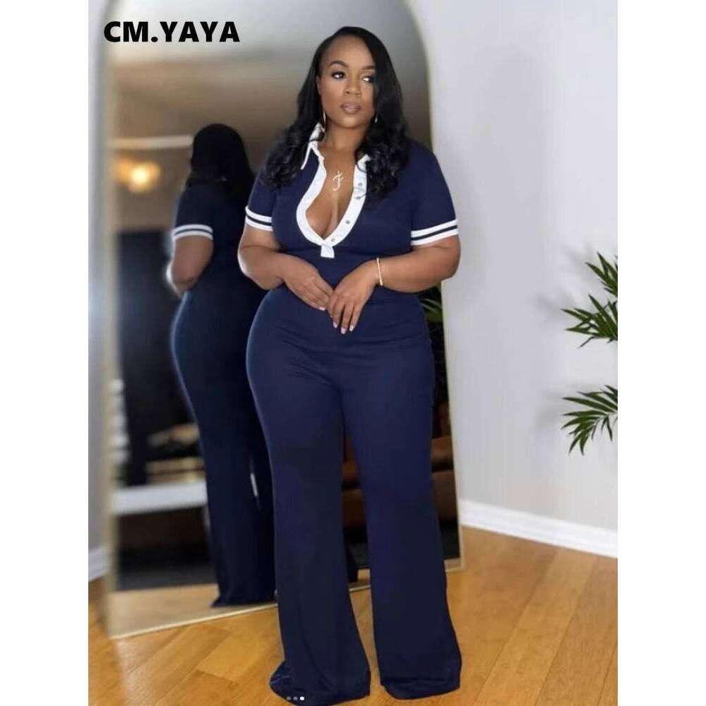 CM.YAYA Women Patchwork Elastic Short Sleeve Jumpsuit 2025 Fashion Summer African Chic Street Party Romper One Piece Set Outfits