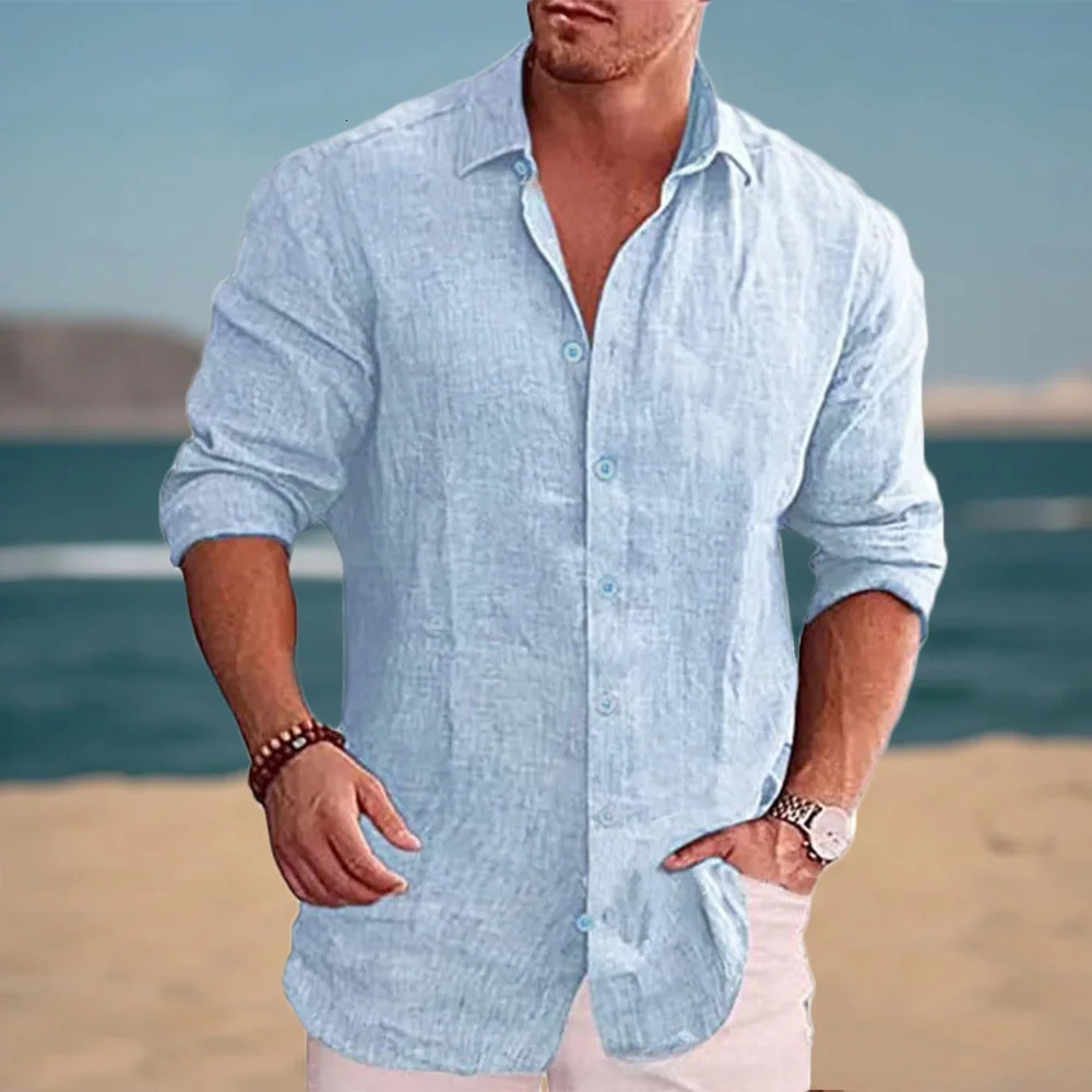 Autumn Mens Long Sleeve Shirt Cotton Linen Breathable Solid Color Casual Style Plus Size Dailywear Mens Linen Shirt 250530