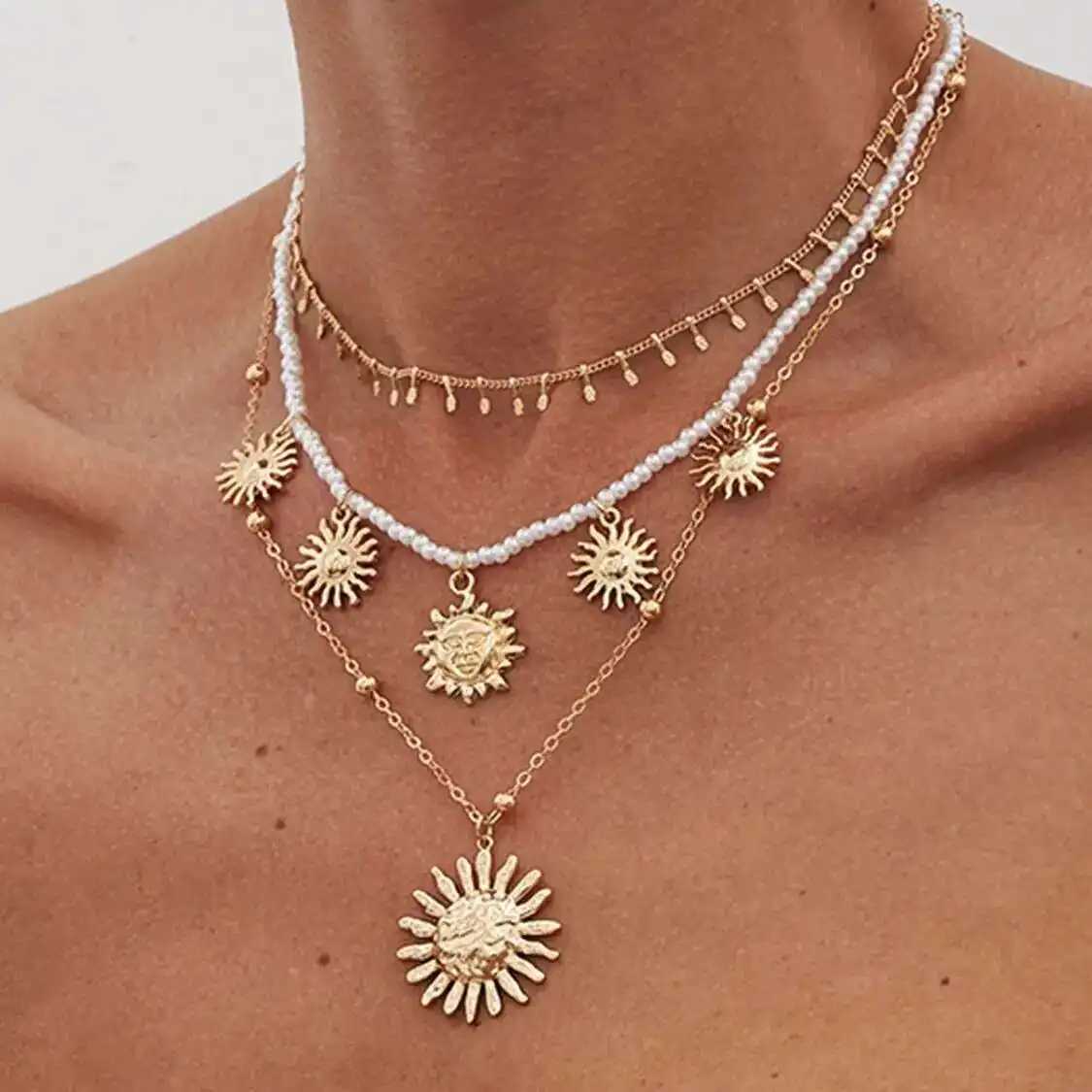 Ingemark Vintage Plastic Beads Chain Necklace for Women New Trend 2025 Goth Sunflower Pendant Choker Necklace Party Jewelry Gift Y250605