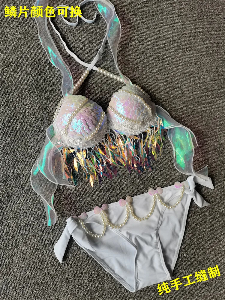Mermaid Sequins Seashell Bikini Top Bra Oceanarium Bar Table Performance Clothes Electric Festival Fishtail Leather 250530